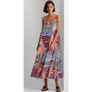 LRL Ralph Lauren Georgette Nautical Print Midi Sun Dress 12 90’s preppy